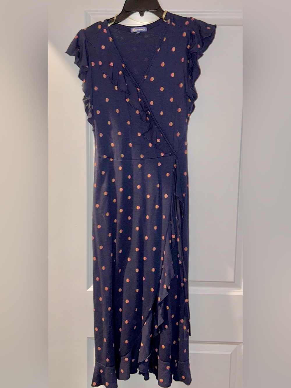 Democracy Navy Wrap Dress with Orange Polka Dots